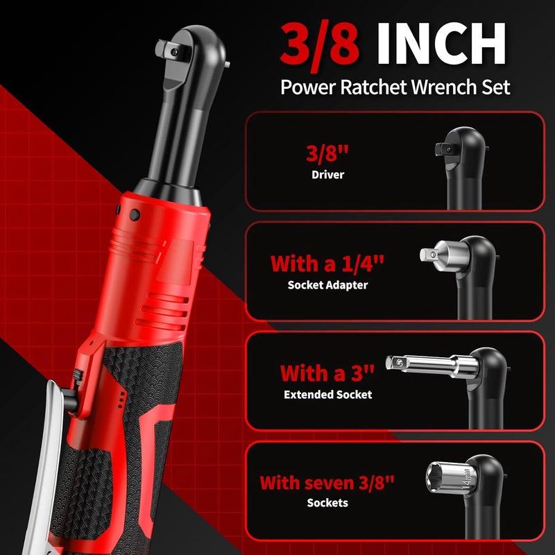 FULLYEA Electric Ratchet Wrench Set,40 Ft-lbs, 550 RPM, 16.8V Cordless Ratchet Wrench 3/8", Variable Speed Power Ratchet Tool Kit with 1/4" Adapter, LED Light, 2 * 2.0Ah Batteries and Fast Charger - Image 5